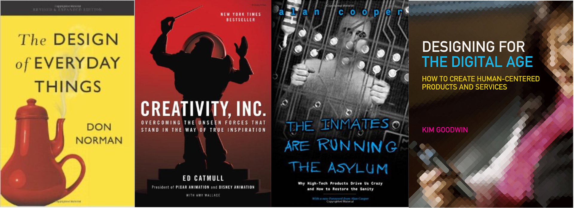 A collage of book covers for the books: The Design of Everyday Things, Creativity Inc., The Inmates Are Running the Asylum, and Design for the Digital Age