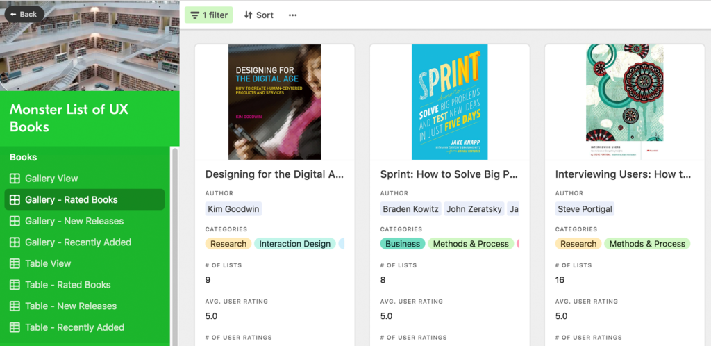 The Rated Books Gallery view of the Monster List of UX Books in Airtable. On the left navigation menu, "Gallery - Rated Books" is selected. On the right side, books are listed with images of books covers and information about the books.