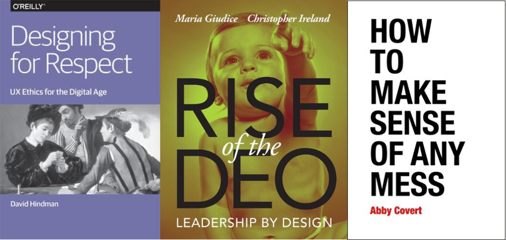 A collage of book covers for these books: Designing for Respect, Rise of the DEO, and How to Make Sense of Any Mess