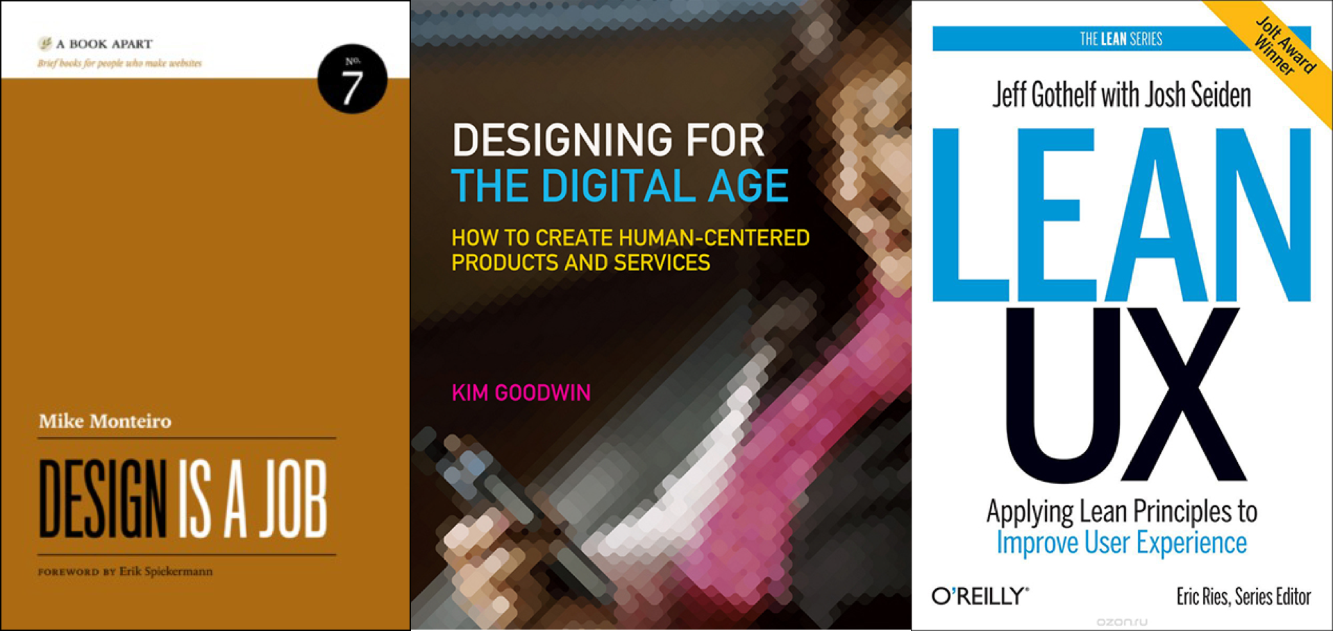 A collage of book covers of these books: Design Is a Job, Designing for the Digital Age, and Lean UX