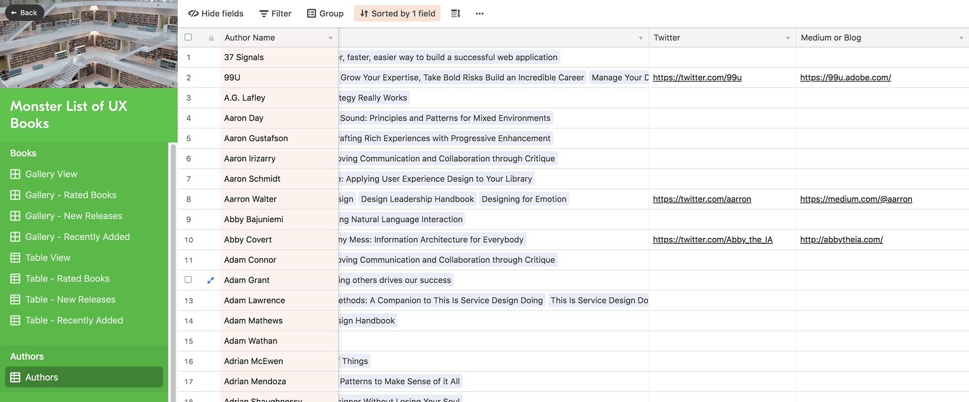 The Monster List of UX Books in Airtable. The Authors page is selected in the navigation bar on the left. The table on the right has fields for Author Name, Books, Twitter links, and Medium or Blog links.