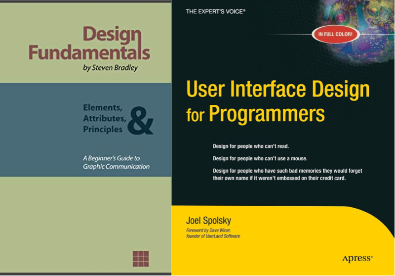 A collage of book covers for these books: Design Fundamentals and User Interface Design for Programmers