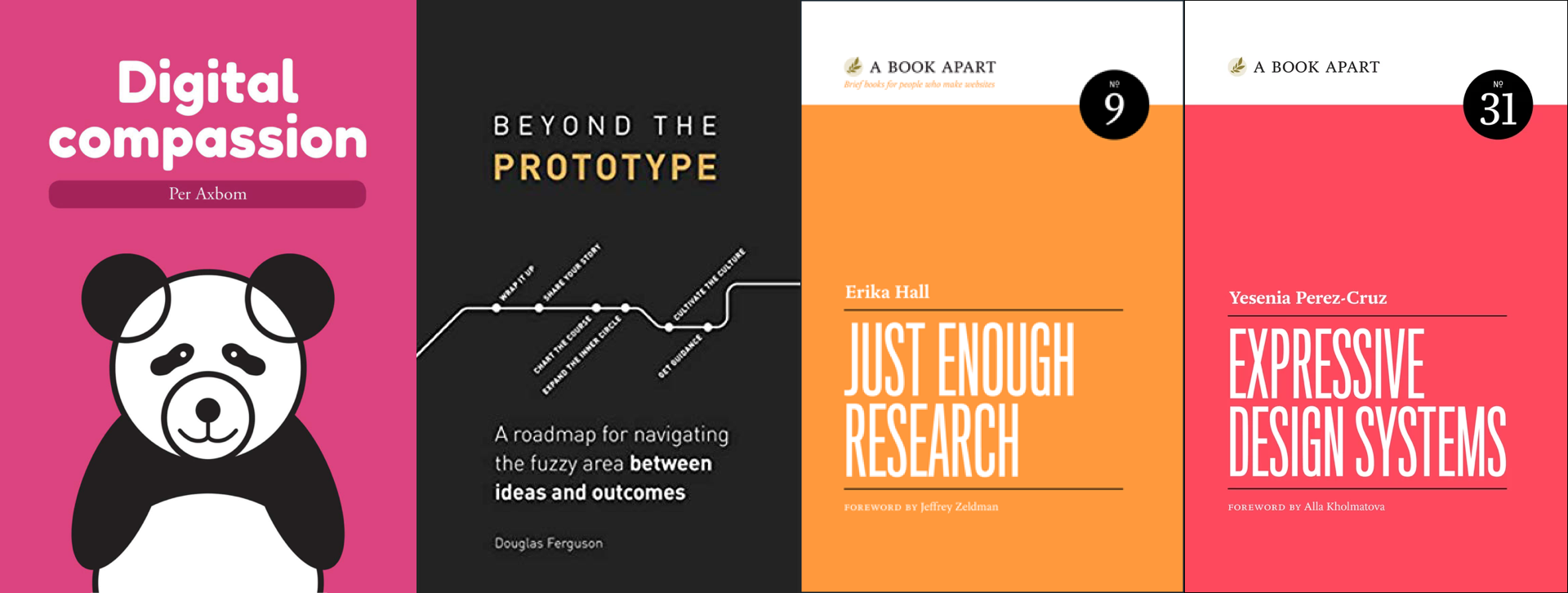 A collage of book covers for these books: Digital Compassion, Beyond the Prototype, Just Enough Research, and Expressive Design Systems