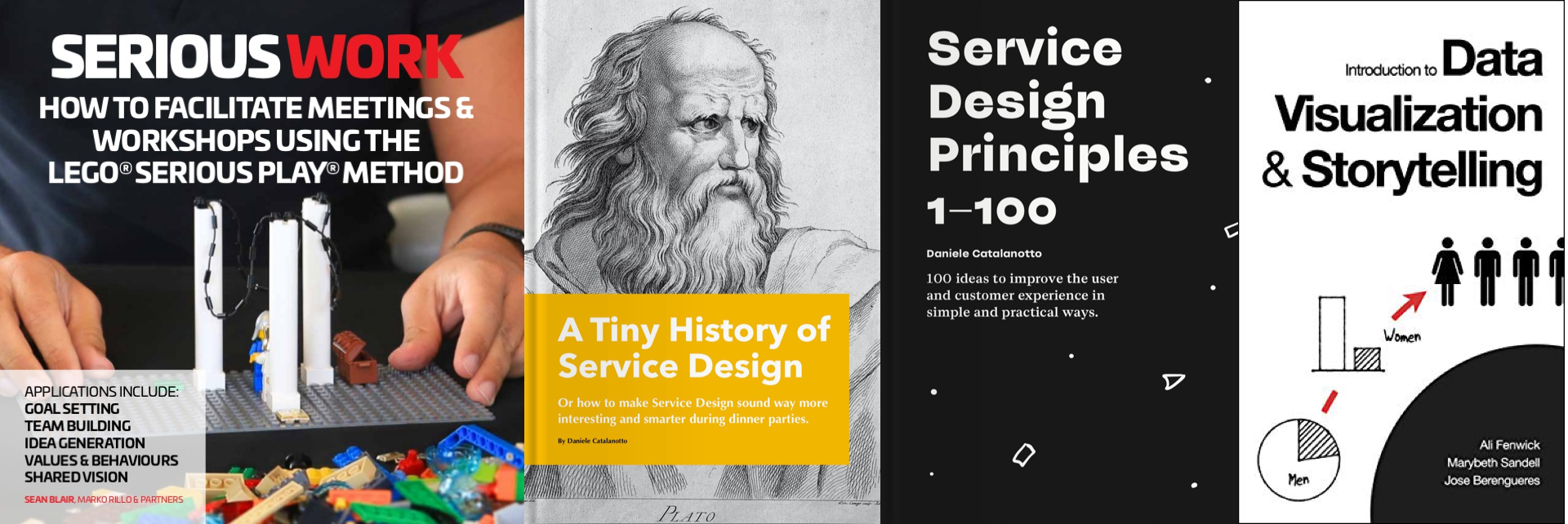 A collage of book covers for these books: Serious Work, A Tiny History of Service Design, Service Design Principles 1–100, and Intorduction to Data Visulatization & Storytelling