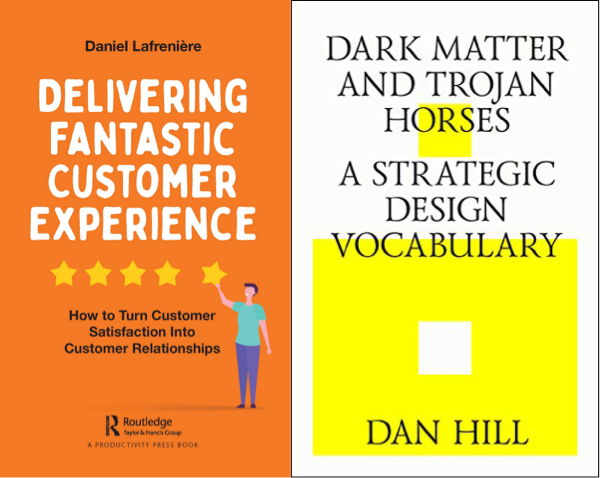 A collage of book covers for these books: Delivering Fantastic Customer Experience and Dark Matter and Trojan Horses