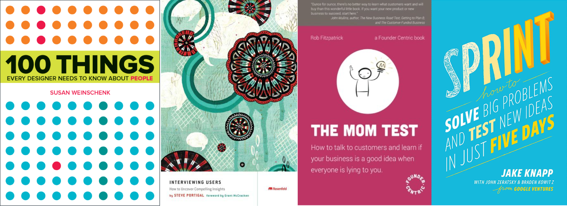 A collage of book covers for these books: 100 Things Every Designer Needs to Know About People, Interviewing Users, The Mom Test, Sprint