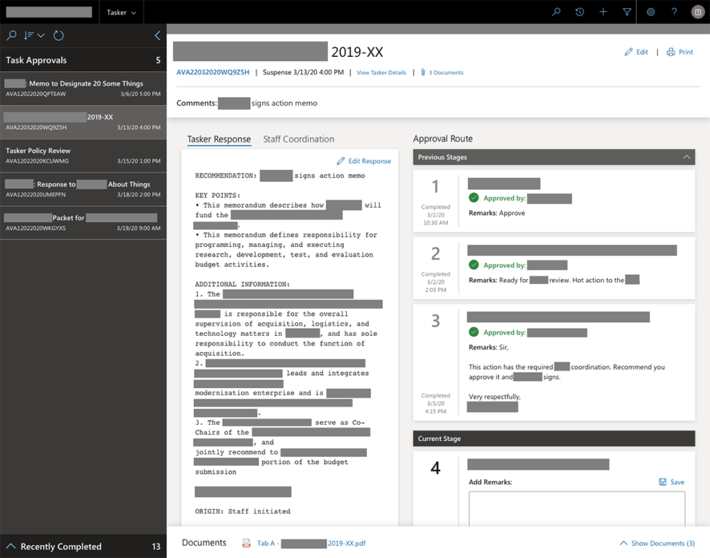 This screenshot displays an enterprise application used for reviewing and approving memos and documents. The interface is split into several sections: Left panel: A list of task approvals with due dates and task identifiers. Center panel: Detailed view of a selected task ("2019-XX") with tabs for "Tasker Response" and "Staff Coordination". It includes a recommendation, key points, and additional information. Right panel: The approval route, showing a multi-stage approval process with timestamps, remarks, and statuses (all stages completed so far). Bottom section: Document attachments related to the task, with one highlighted PDF
